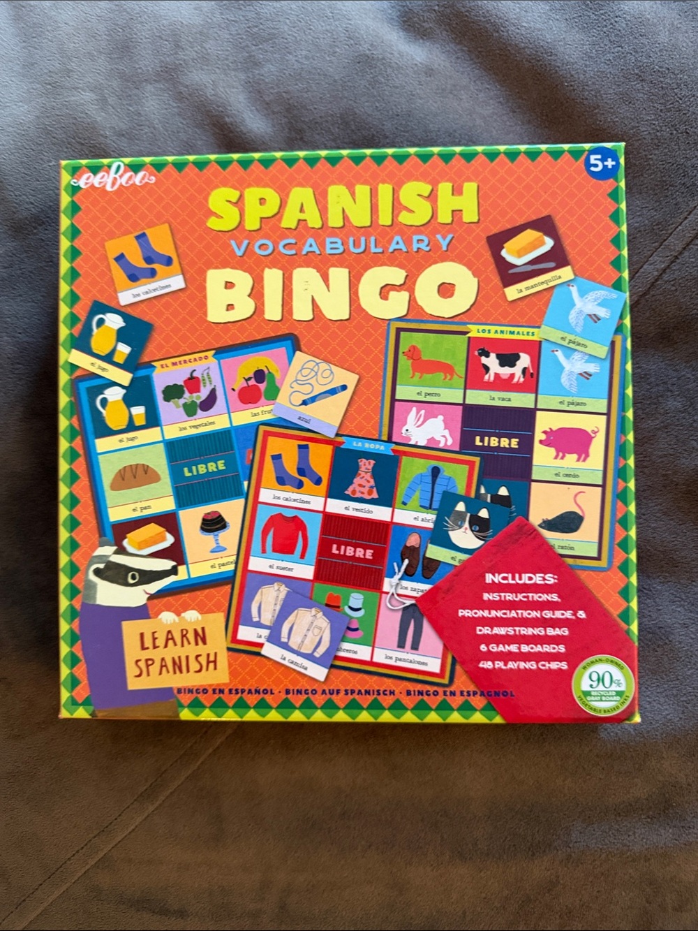 Spanish Vocabulary Bingo Game for Kids - Bright Orange Educational Bingo